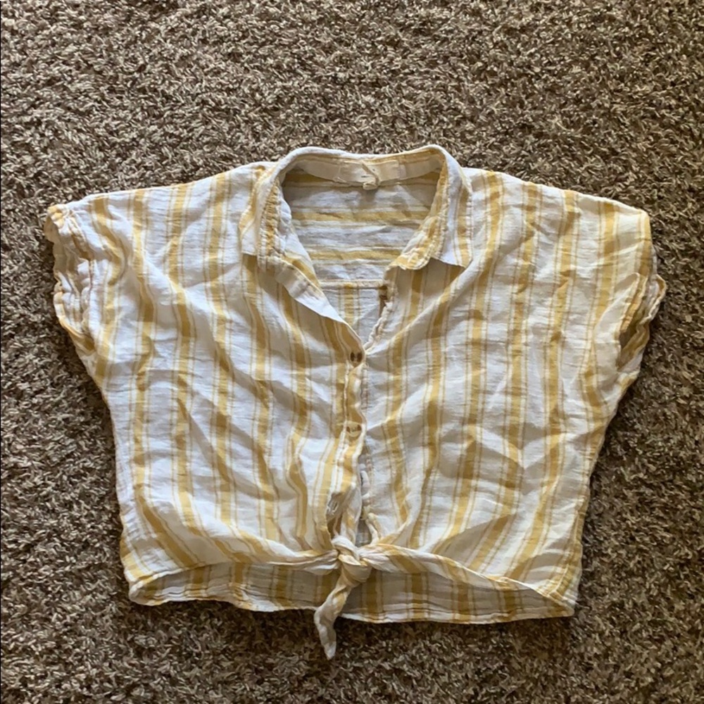 white and yellow horizontal striped button down